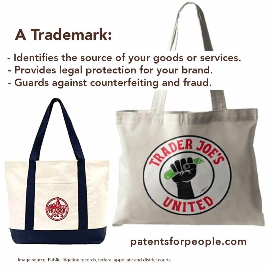 photo, trader joes' logo on a totebag, next to another photo of the trader joe's employees union logo on a totebag, with words about trademarks.