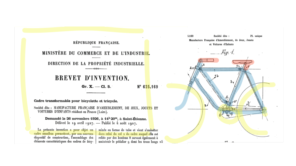 screen shot of french patent application "brevet" showing a bicycle on the right and the application title page on the left