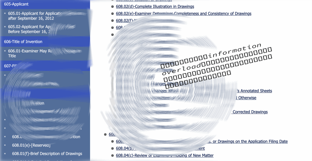 The Patent Process, Start to Finish. 1 altered screen shot of uspto.gov page showing the MPEP, with the words "information overload" superimposed.