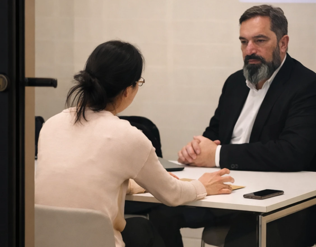 Free Advice from a Registered Patent Agent: Philly Edition 1 Two professionals discussing patent applications in a meeting room, highlighting Keeley DeAngelo's support for inventors in Rhode Island.